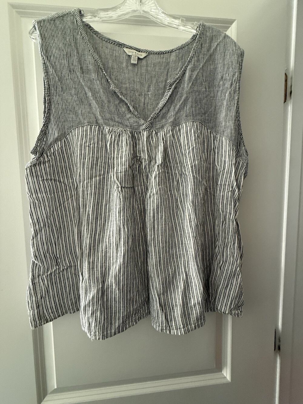 Lucky Brand Womens Large Striped Sleeveless Babydoll Blouse Boho Blue White